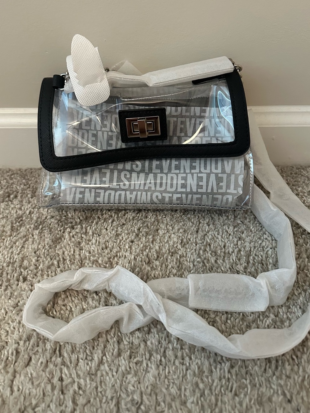 Steve Madden Clear Crossbody with Black Trim and Logo Insert